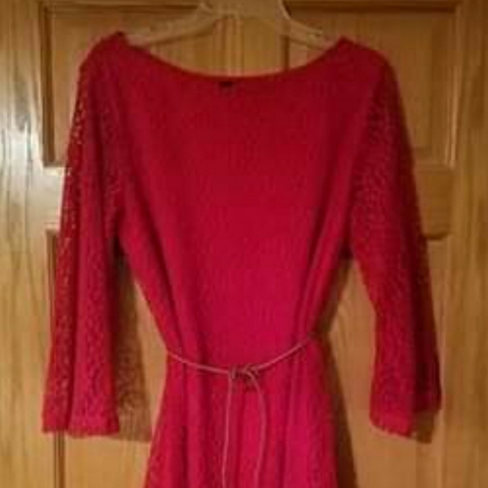 𝅺SHARAGANO Bell Sleeve Red Overlay Lace Dress - Picture 5 of 8